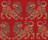 Shi Lion in Cherry on Natural Linen Fabric Swatch Memo - Design Legacy by Kelly O'Neal