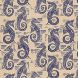 Seahorse Small in Indigo on Natural Linen Fabric by the Yard - Design Legacy by Kelly O'Neal