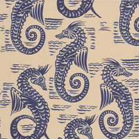 Seahorse in Indigo on Natural Linen Fabric Swatch Memo - Design Legacy by Kelly O'Neal