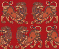 Shi Lion in Cherry on Bone Cotton Fabric by the Yard - Design Legacy by Kelly O'Neal