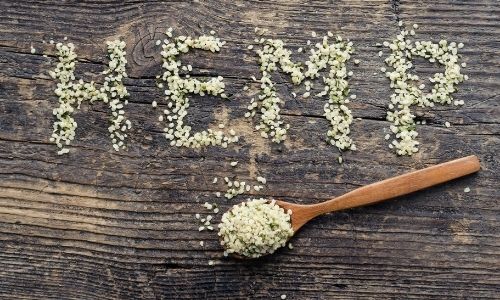 Hemp seeds spelling the word hemp