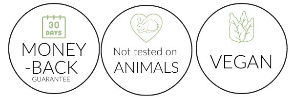 30 Days Money-Back Guarantee, Not tested on Animals, Vegan