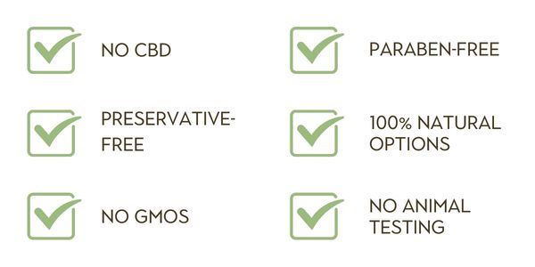 No CBD, Paraben-Free, Preservative-Free, 100% natural options, No GMOs, No Animal Testing