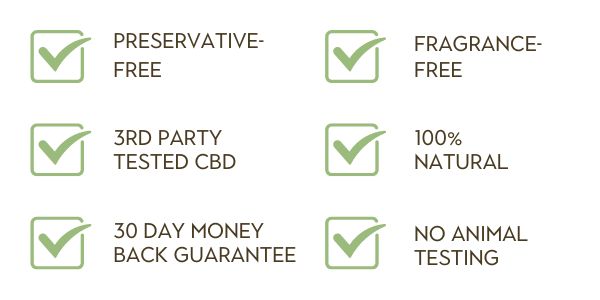 Preservative-Free, Fragrance-Free, 3rd party tested CBD, 100% natural, 30 day money back guarantee, no animal testing