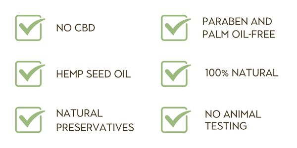 NO CBD, Paraben and palm oil-free, hemp seed oil, 100% natural, natural preservatives, no animal testing