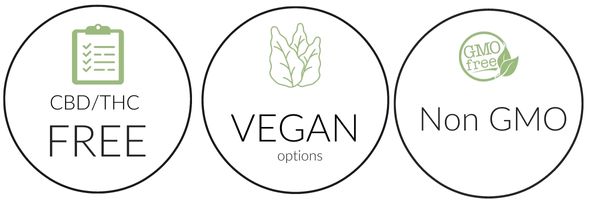 CBD/THC Free, Vegan Options, Non GMO