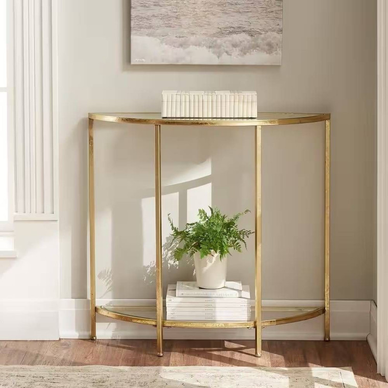 Half-Circle Entryway Console Table Gold Metal Glass Top Bottom Shelf Sofa Table Q280-BGMHBST13285174