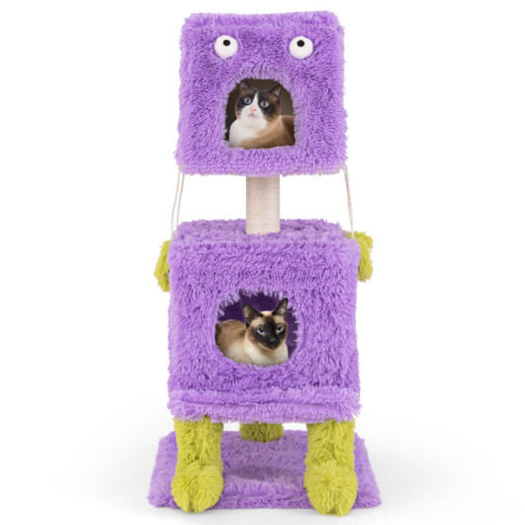 Cute Monster-Themed Cat Tower with 2 Private Condos for Small Place-Purple B593-PV10189
