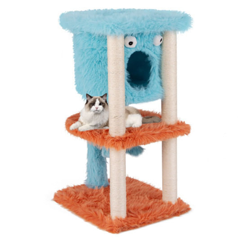 Cute Monster-Themed Cat Tower with Private Condo and Soft Long Plush-Blue - Color: Blue - Size: 3-T D681-PV10188BL