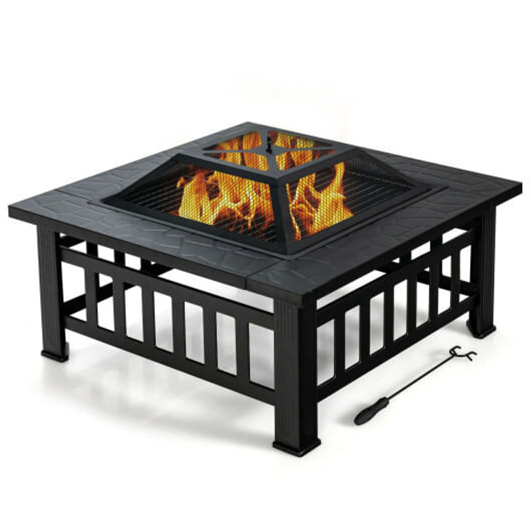 32 Inch 3 in 1 Outdoor Square Fire Pit Table with BBQ Grill and Rain Cover for Camping - Color: Bla D681-JV10256