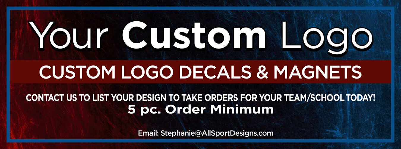 Graphic that says “Your custom logo: contact us to list your design to take order for your team/school today!”