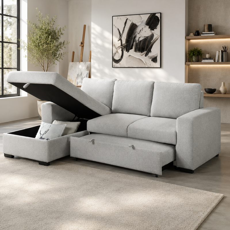 Garry Fabric LHF Sofa Bed with Storage Grey