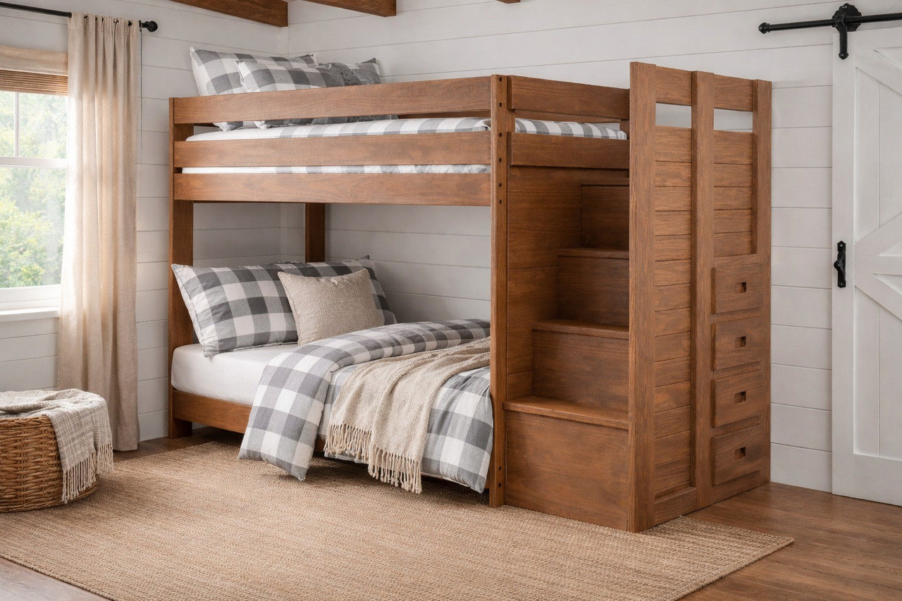 Farmhouse Twin XL Bunk Bed w/ Stairs in Mahogany and Charcoal Gray