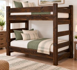 Lodge Barnwood Twin Over Twin Bunk Bed in Dark Finish featuring solid Norway pine construction and sage green bedding