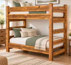Lodge Barnwood Twin Over Twin Bunk Bed in Honey Pine finish with rustic rough-sawn wood and sage green bedding