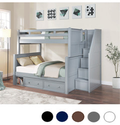 Extra Long Full over Queen Bunk Bed w/ Storage Stairs in Gray