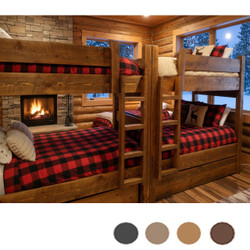 Lodge quadruple Barnwood bunk bed with four sleeping surfaces in a back-to-back solid wood configuration