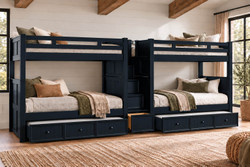 Dillon quadruple Queen bunk bed in blue with center storage stairs and four Queen-size sleeping spaces