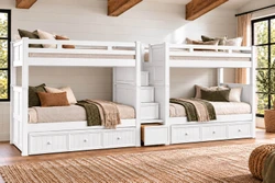 Dillon quadruple Queen bunk bed in white with center storage stairs and four Queen-size sleeping spaces