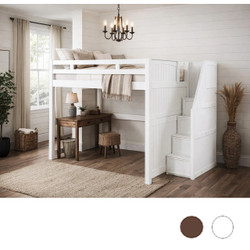 Queen Loft Bed with Storage Stairs in White