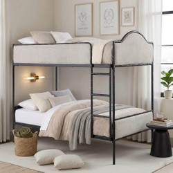 Black metal twin bunk bed with upholstered panels