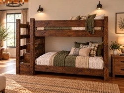 Lodge Full over full Barnwood bunk bed with stairs in dark finish