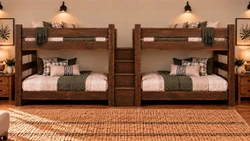 Quadruple twin Barnwood bunk beds with center stairs in dark finish
