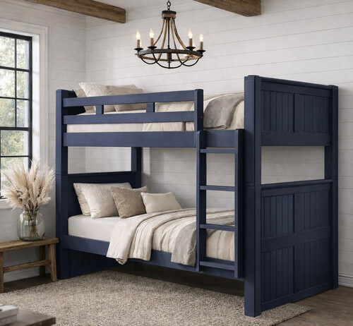 Wood Twin Bunk Bed in Blue - Sown with Vertical Ladder