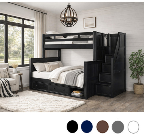 Twin over Full Bunk Bed with Storage Stairs in Black