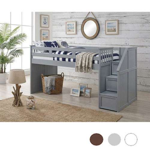 Junior Low Twin Loft Bed with Storage Steps in Gray
