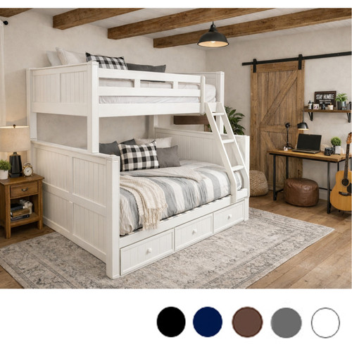 Dillon Extra Long Twin over Queen Bunk Bed  in White- Shown With Trundle