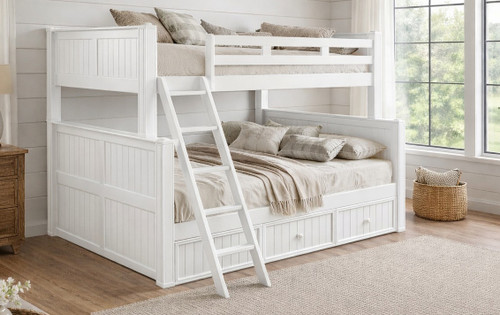 Dillon Full XL Over Queen Wood Bunk Bed in White - Shown with Long Ladder