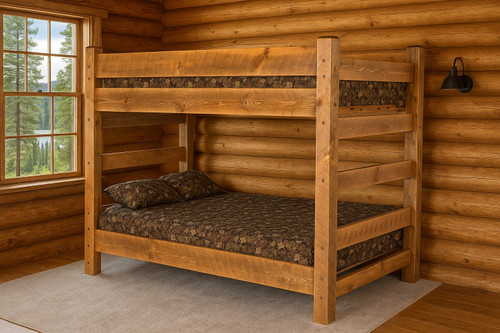 Cabin Queen Over Queen Barnwood Bunk Bed for Adults | Honey Pine Finish Bunk 