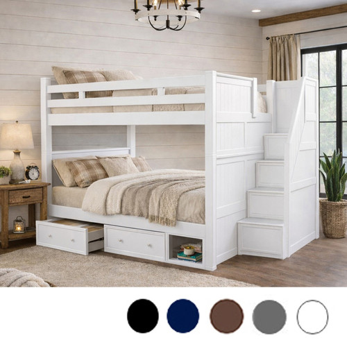 Dual Height Queen Bunk w/ Storage Stairs & Under-Bed Drawers in White