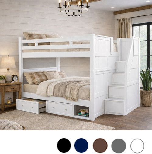 XL Full Size Bunk Bed with Stairway Storage in White