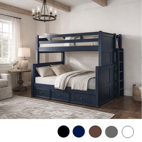 Full Queen Dual Height Bunk Bed w/ Straight Ladder in Navy Blue