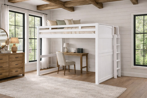 High Full XL Loft Bed with Panel with Side Ladder in White