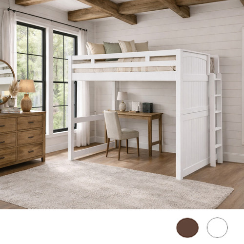 High Full XL Loft Bed with Panel with Side Ladder in White
