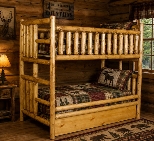 Log Full xl over full xl bunk bed in honey pine for lodge