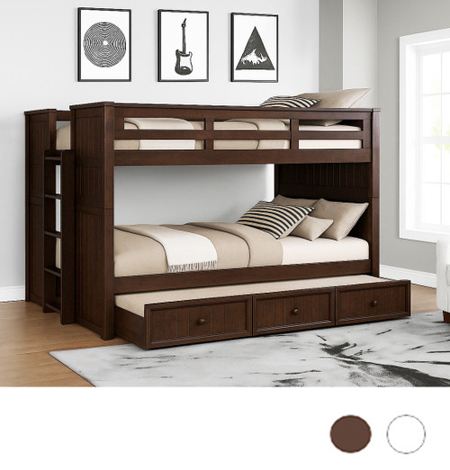 Dual setting convertible Queen Bunk Bed w/ Side Ladder in Espresso - Shown with Trundle