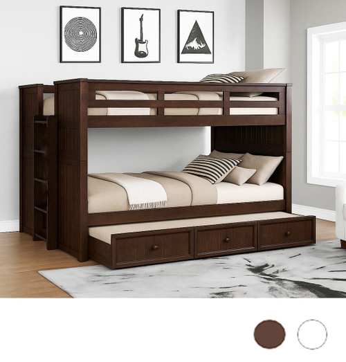 Dual Settings Queen over Queen Bunk Bed in Espresso in White - Shown with Trundle