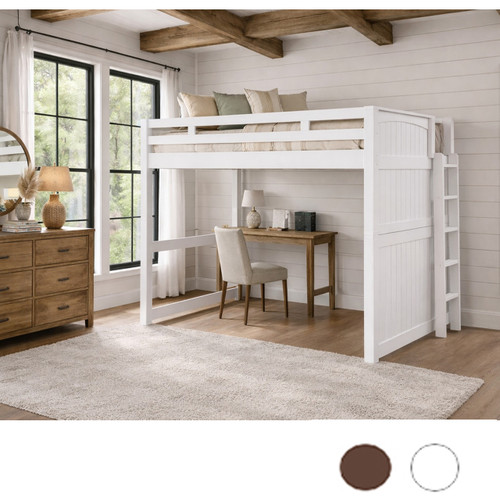 High Twin Loft Bed with Panel and Ladder in White