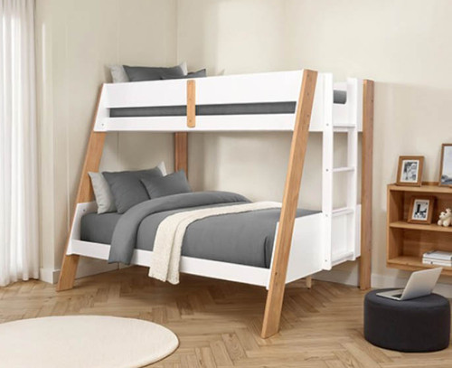 Twin Full Bunk Bed in White and Natural w/ side mounted Ladder