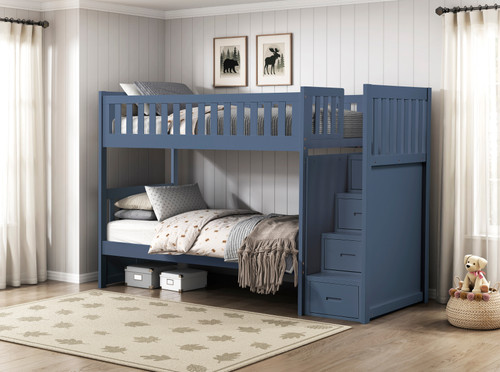 Charlton twin over twin step bunk bed in blue with storage stairs