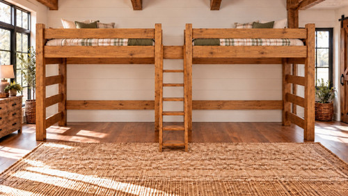 Lodge Barnwood side-by-side Full loft beds with shared slanted center ladder and access platform, with open space beneath both loft beds.