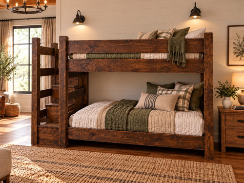 Lodge Barnwood Twin over Twin Bunk Bed with reversible stairs in Dark Finish