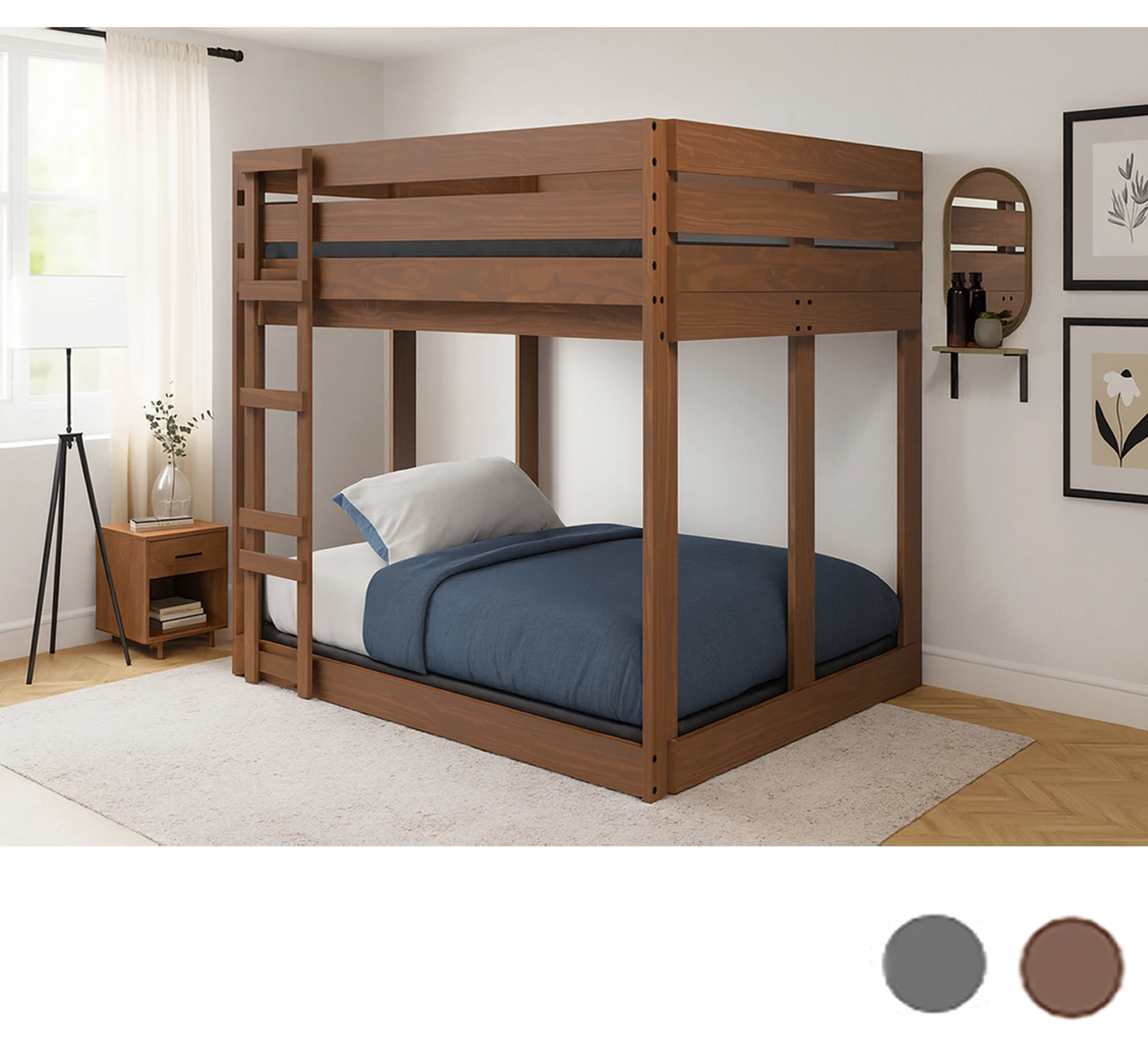 Queen Size Bunk Bed for Adults in Mahogany Brown and Charcoal Gray