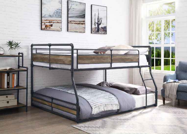 Twin-over-full metal bunk bed with wood details and built-in trundle, featuring a sturdy black frame