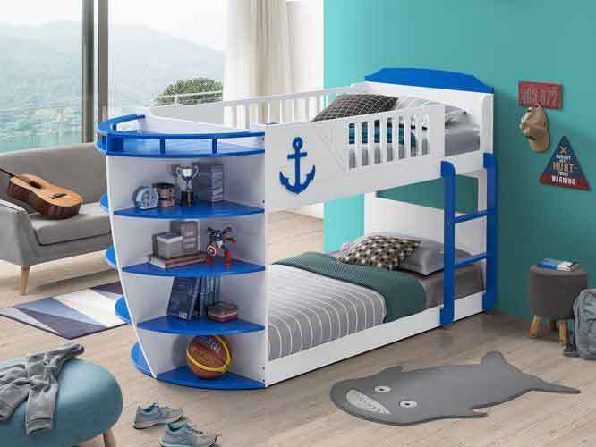 White and blue nautical-themed twin-over-twin bunk bed with built-in shelves, safety guardrails, and a ladder
