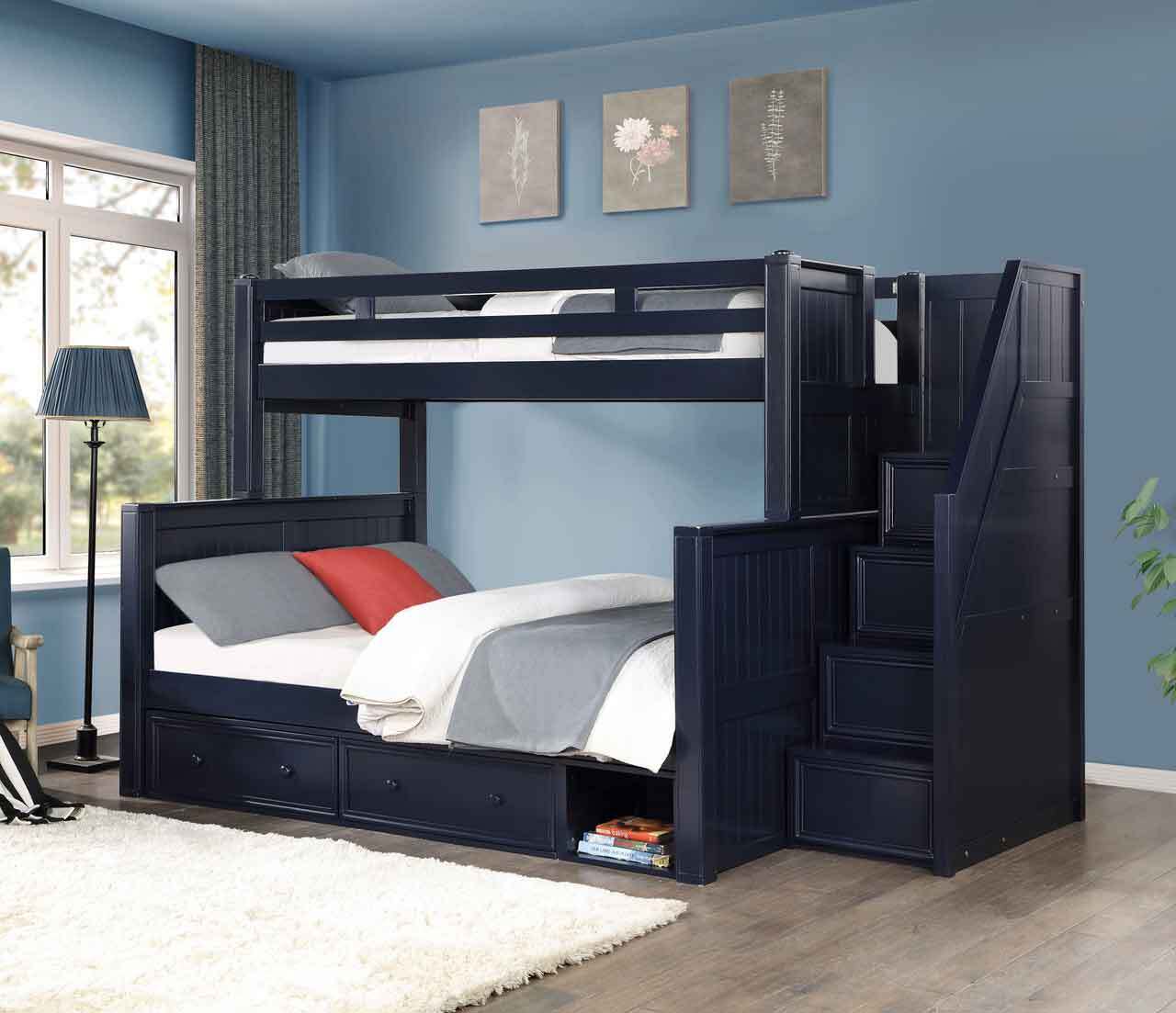 Navy blue twin-over-full wooden bunk bed with built-in staircase, storage drawers, and guardrails 